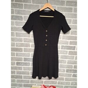 Reformation Womens Ribbed Knit Black Fit‎ & Flare Buttons Dress Size Large